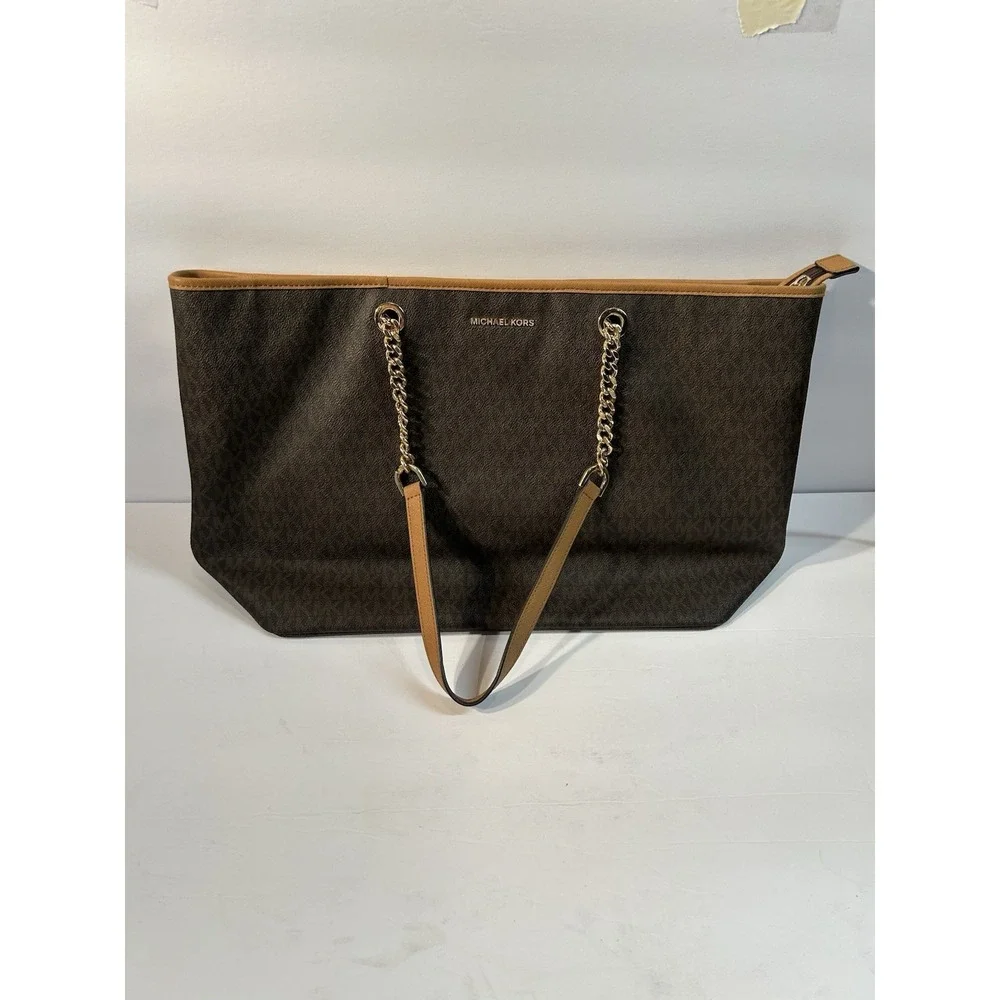 Michael Kors Jet Set Travel Large Chain Shoulder Tote Signature MK Bag - Picture 2 of 11